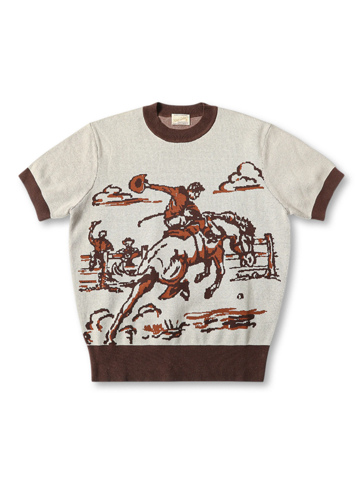 1930年代西部ライディング柄の三色ジャカード編みを施した耐久性高いニットTシャツ