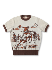 1930年代西部ライディング柄の三色ジャカード編みを施した耐久性高いニットTシャツ