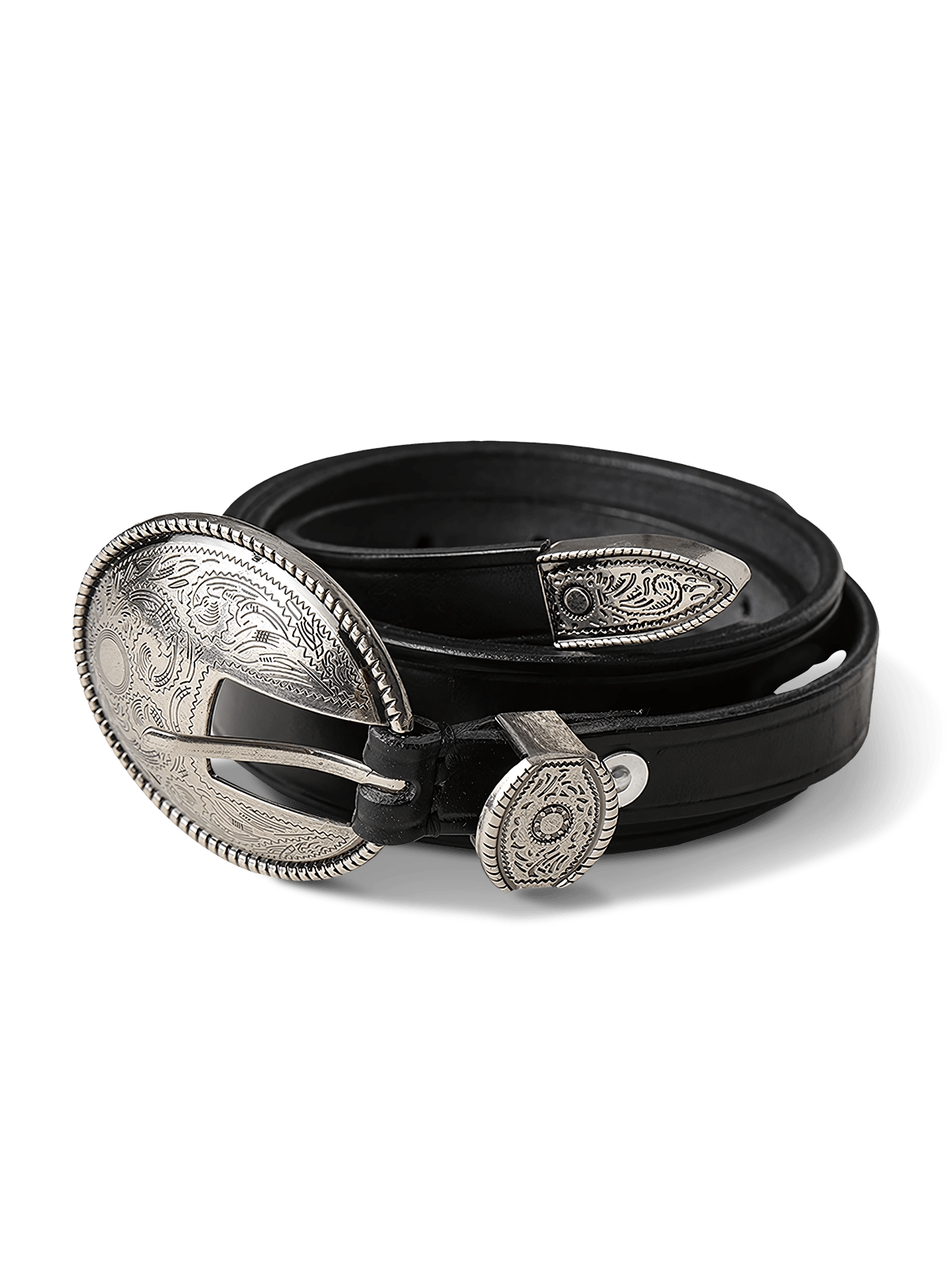 ウェスタン風唐草模様バックルが映える植鞣し頭層牛革ベルト