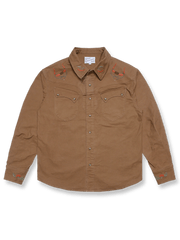 経年変化で「ハチの巣」模様が浮かぶツイルデニムにアーチカットと菊花ボタンを配したウエスタンシャツ。