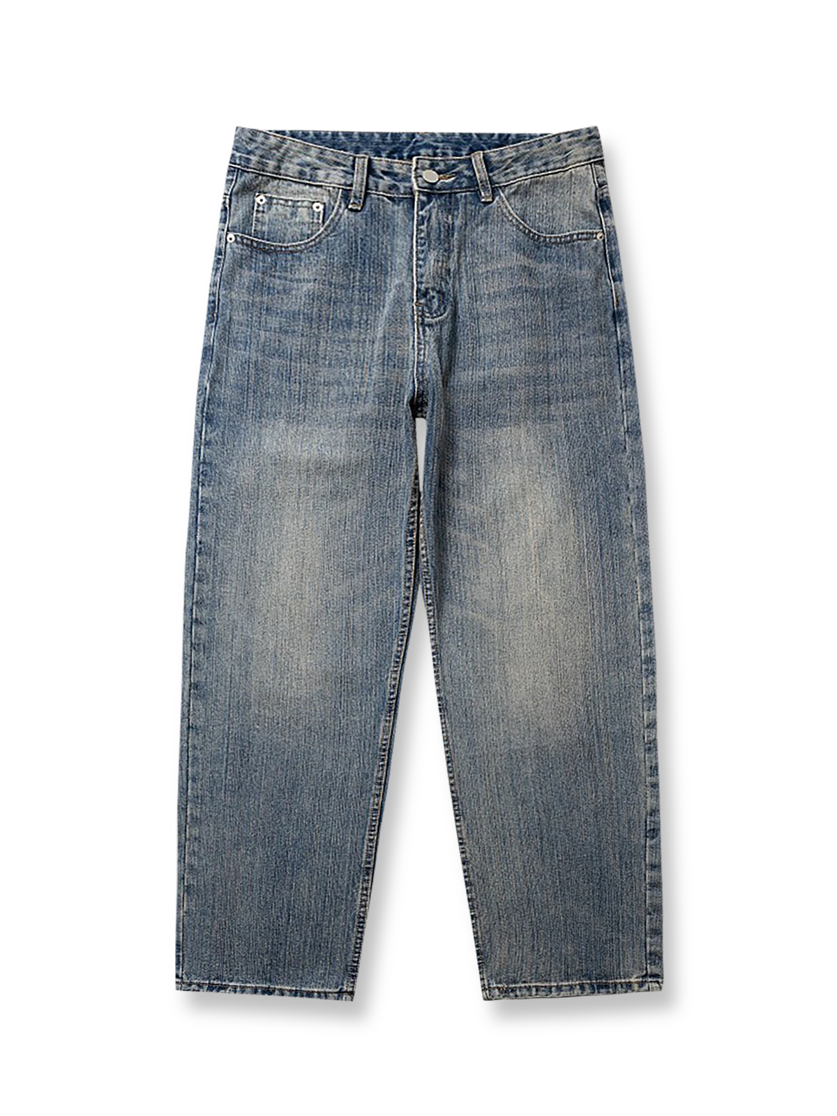 ヒゲ加工ウォッシュバンブーデニムパンツの全体正面画像、竹節模様とヒゲ加工のディテール。