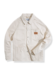 未染色13.5オンスコットンの白ハンティングデニムジャケット。