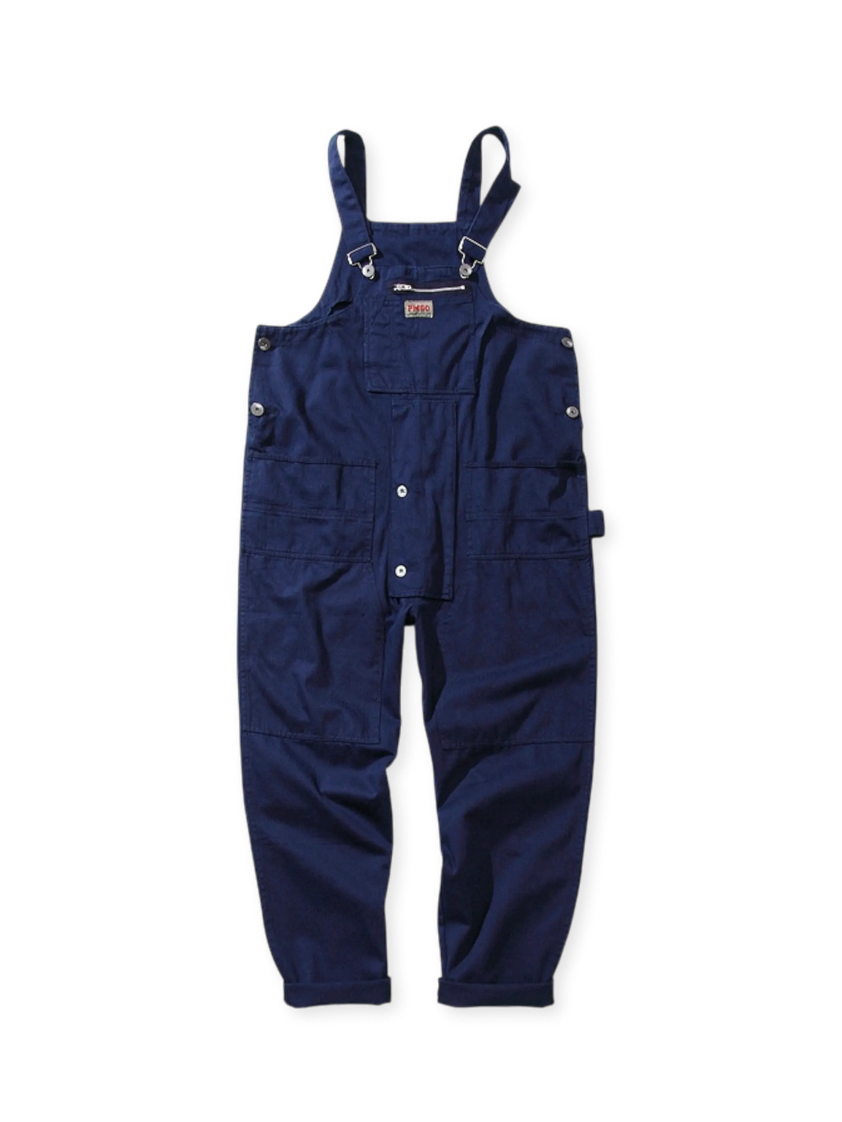 調節可能な肩ストラップと複数ポケットを備えた、ルーズシルエットのコットンサロペットオーバーオール。耐久性と実用性に優れる。