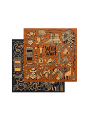 サルーンやインディアン、野生馬が描かれた西部開拓時代風の風景柄スカーフ。