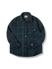 ウール混ブルーグリーンチェックシャツの全体と生地の質感を写した写真