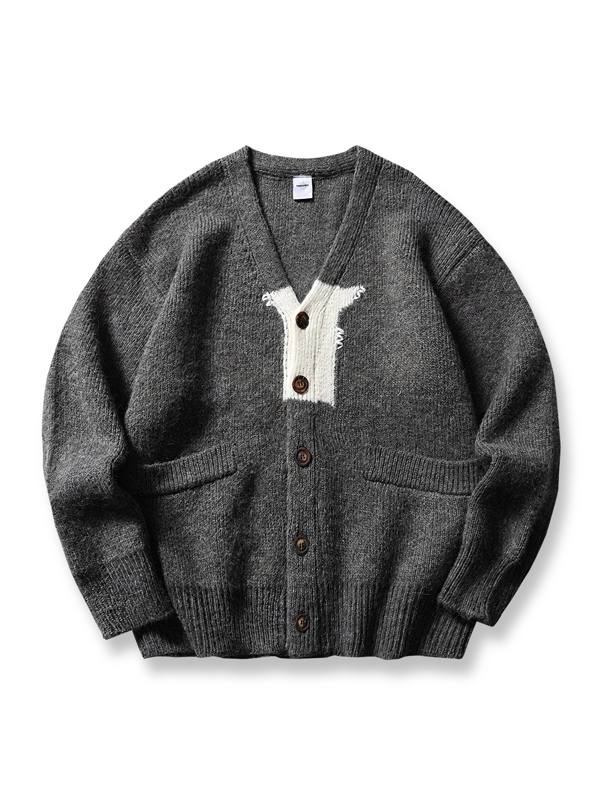 カラーブロックデザインのVネックカーディガン。ウール混紡素材で軽量・耐久性がありフロントポケット付き。