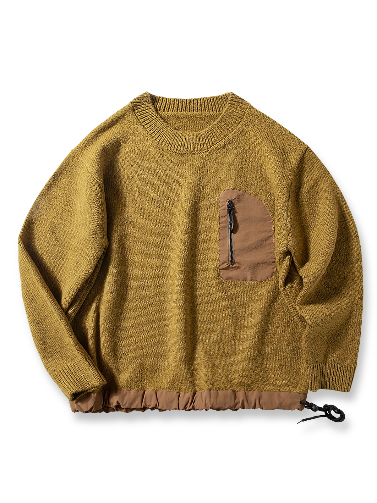 五本針編みとジップポケットが特徴のウール混紡ニットセーター