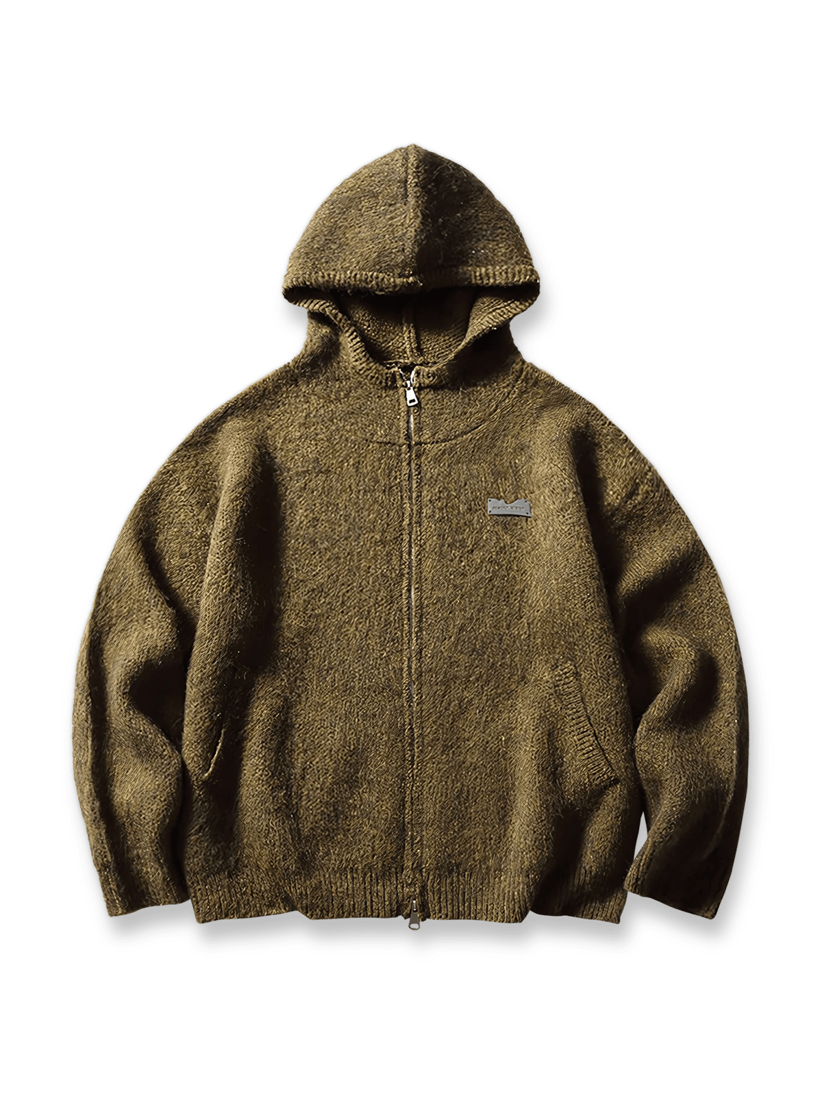 ウール混紡ニット生地を使用したフード付きカーディガンジャケット。