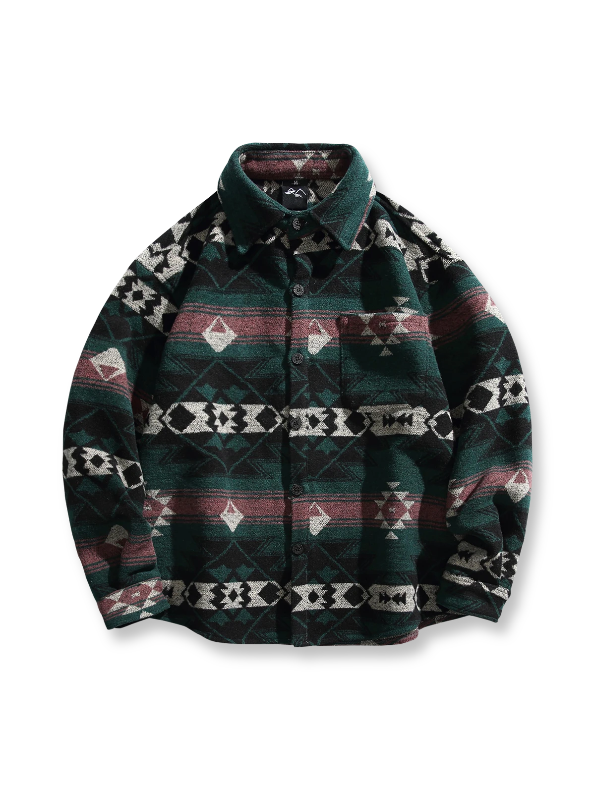 ナバホ幾何学模様のジャカード織りウール混長袖シャツ。保温性と民族的レトロデザインが特徴。