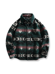 ナバホ幾何学模様のジャカード織りウール混長袖シャツ。保温性と民族的レトロデザインが特徴。