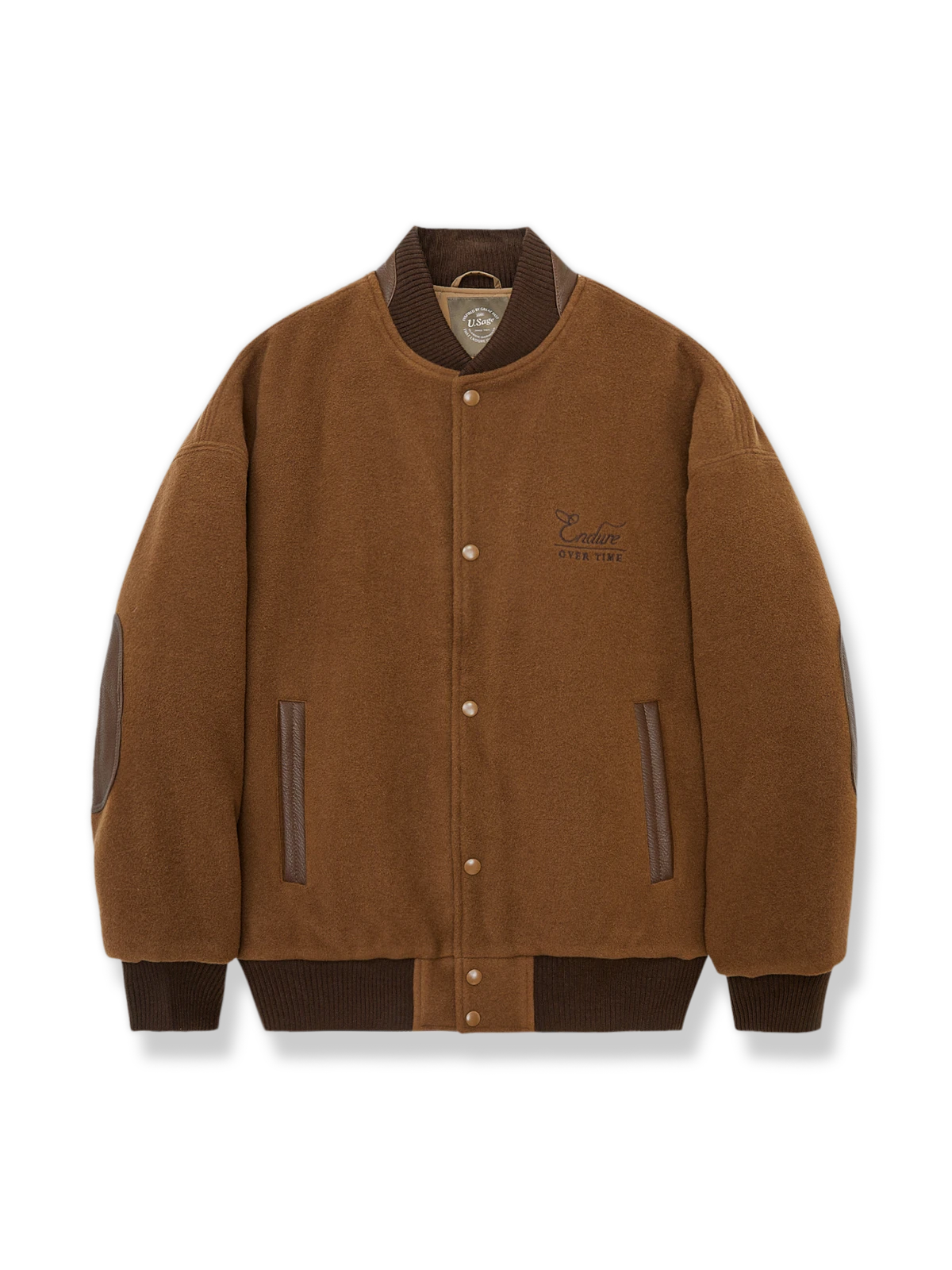 ウール混紡ツイードとレザー袖を組み合わせたネイビー×カーキのツイードベースボールジャケット。