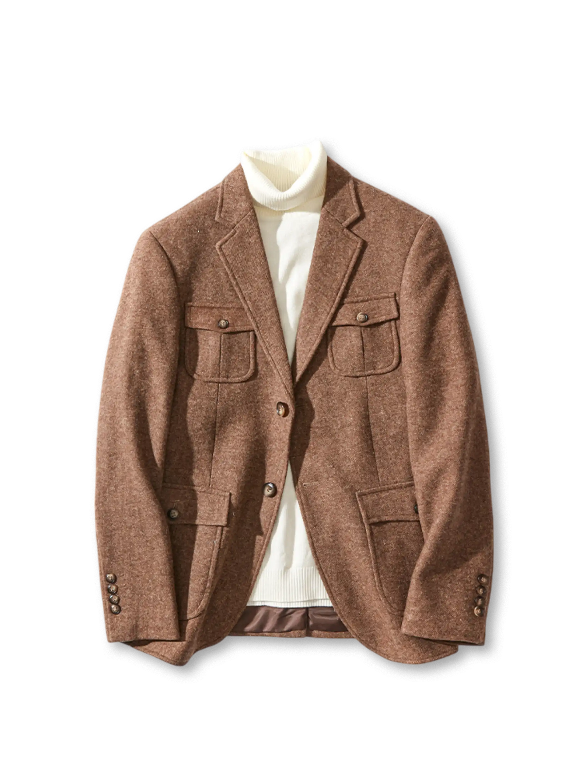 繊細なウール素材と英国風ポケットが特徴のハンドメイドハンティングブレザー。上品で多用途な一着。