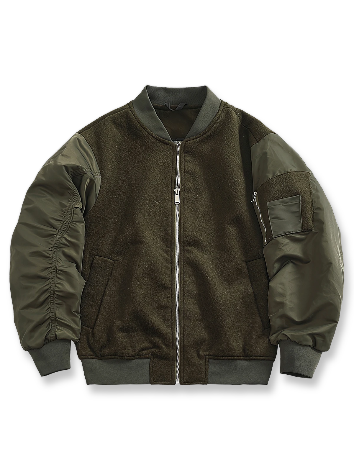 ウールパネル切り替えとリブカラーが特徴のレトロ風MA‑1フライトジャケット。