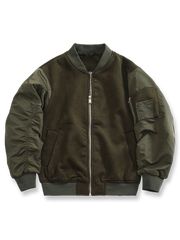 ウールパネル切り替えとリブカラーが特徴のレトロ風MA‑1フライトジャケット。