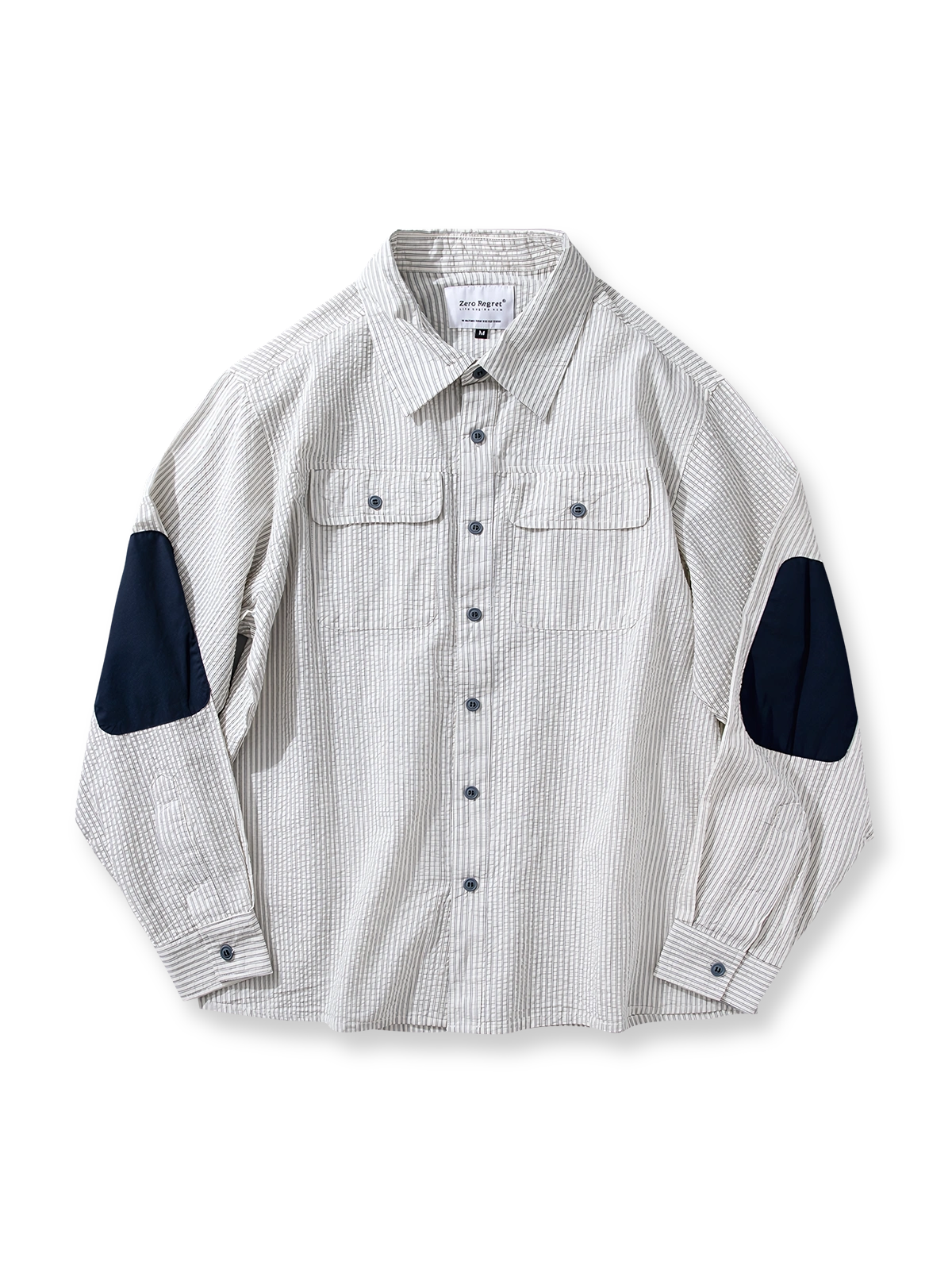 肘にパッチをあしらったシアサッカー素材のヴィンテージワークシャツ