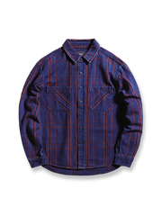 重厚なチェック柄とヴィンテージボタンが映えるワークレトロチェックシャツ