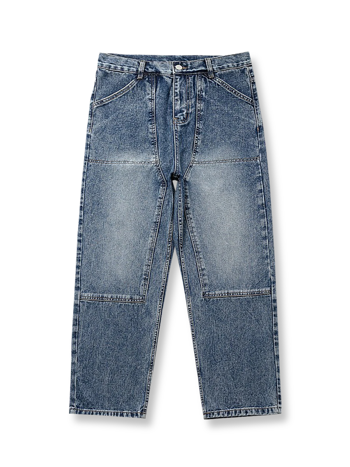 ワークテイストデニムパンツの全体正面画像、膝パッチとユーティリティポケットのディテール。