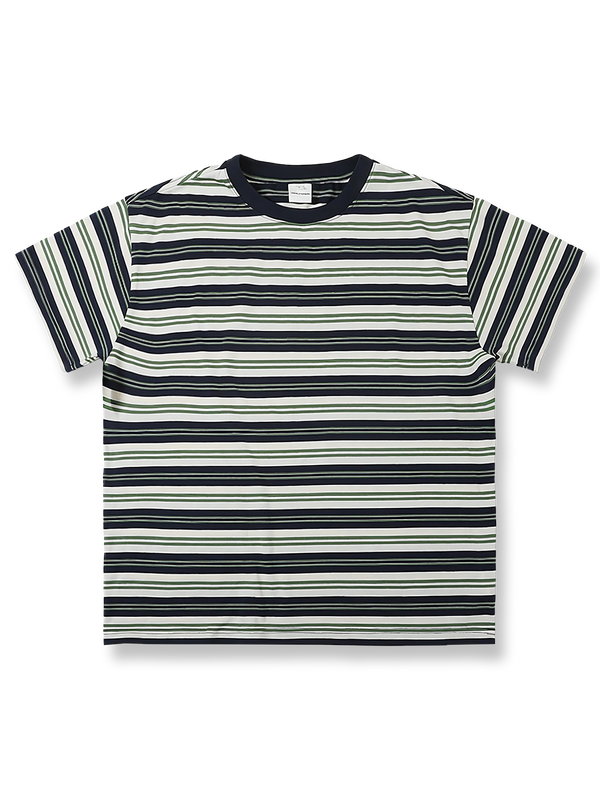  織り色バイカラーストライプ半袖Tシャツ。