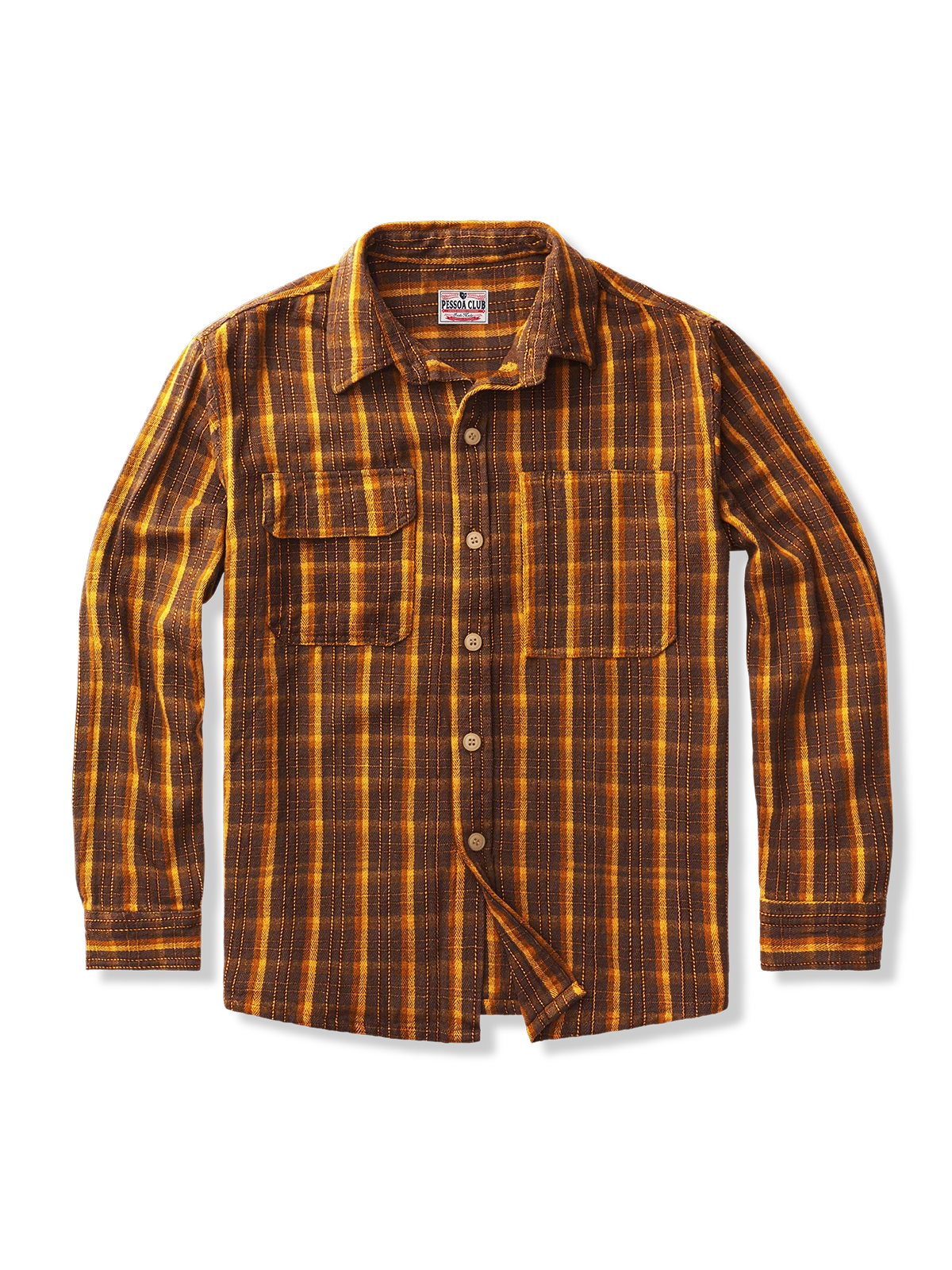 レトロな配色と非対称ポケットが特徴の厚手純綿チェックシャツ