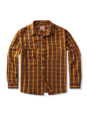 レトロな配色と非対称ポケットが特徴の厚手純綿チェックシャツ