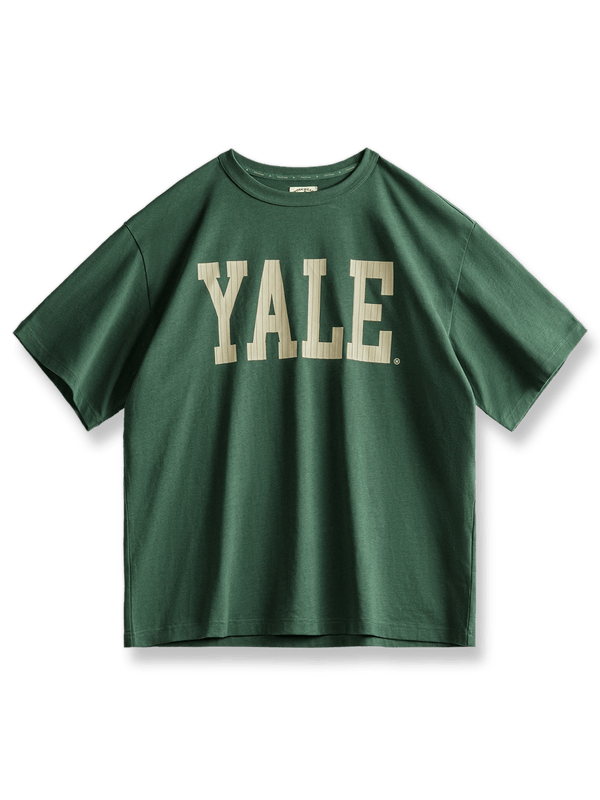 イェール大学ロゴの3D厚板プリントが施された純綿クルーネック半袖Tシャツ