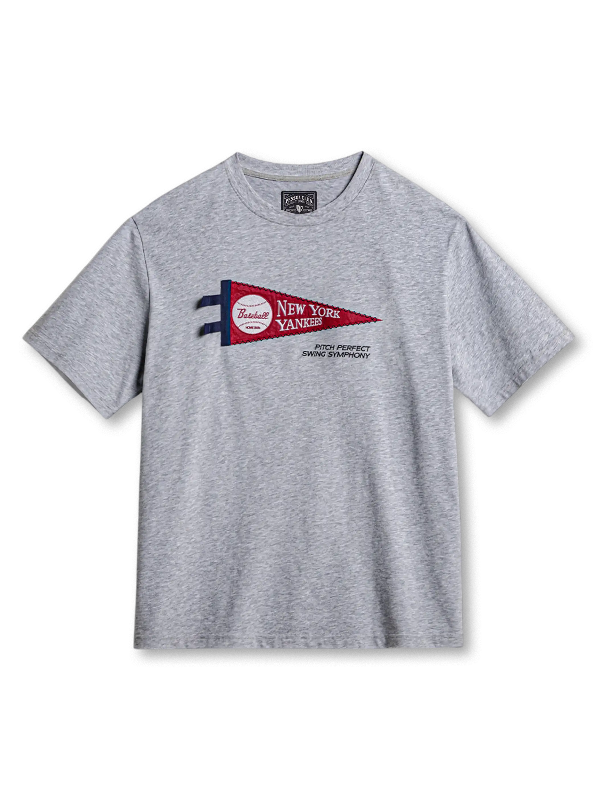 ヤンキースペナント刺繍が映える花灰色の厚手コットンTシャツ