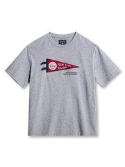 ヤンキースペナント刺繍が映える花灰色の厚手コットンTシャツ