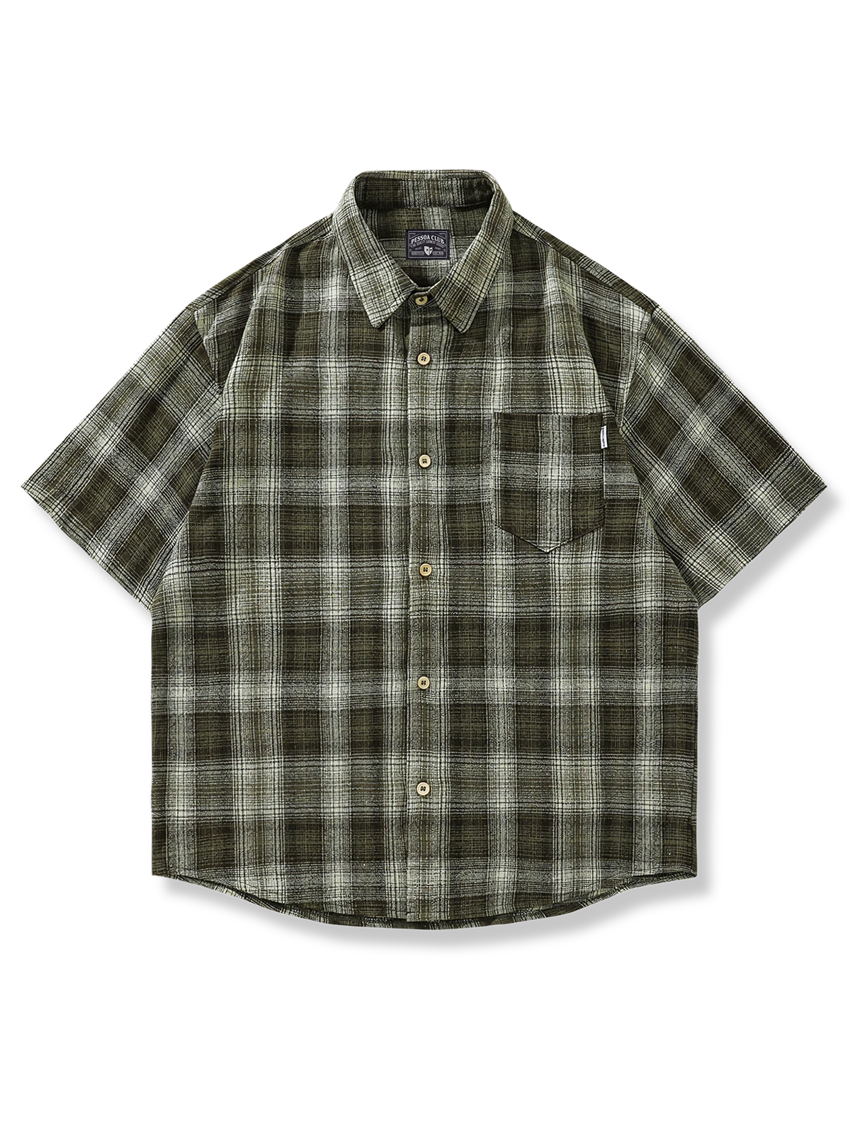 先染めチェック柄とワーク風ポケットが特徴のコットン素材半袖シャツ、ゆったりルーズフィットシルエット