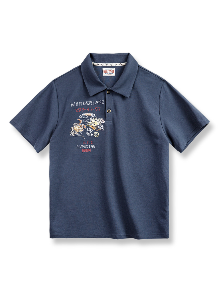 青いポロシャツ DRAGON刺繍 サイズ4 横須賀双龍刺繍ポロシャツ-PESSOA CLUB