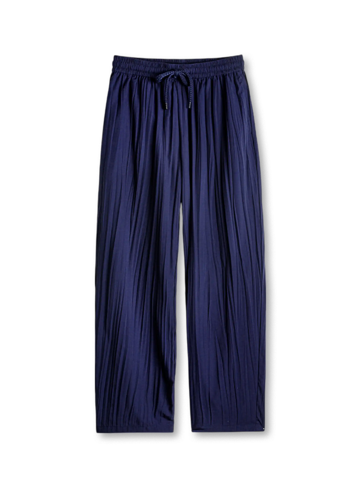 軽量ポリエステルプリーツ素材の揺れる質感が特徴のリラックスロングパンツ、ドローコードウエストと多機能ポケット付き