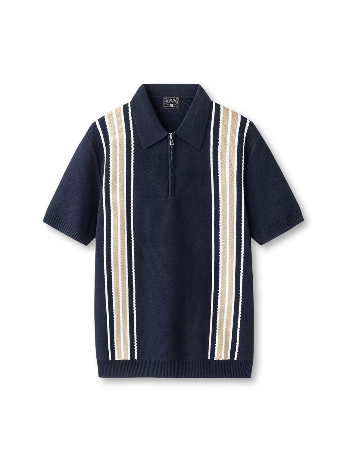 ジップフロントとマルチストライプが映えるニットポロシャツ