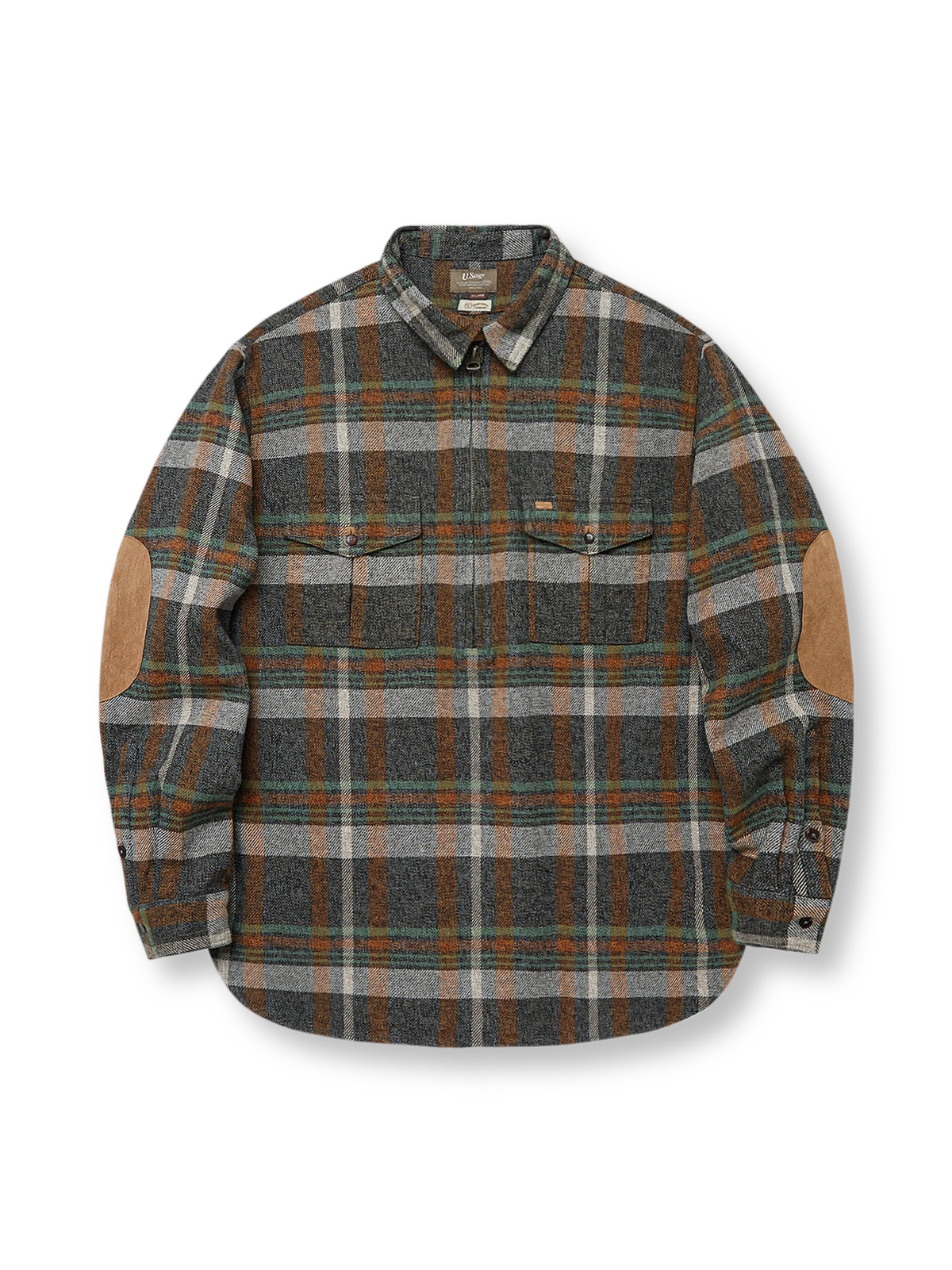 三色糸と斜めチェック柄が特徴のジッパー付きレトロプルオーバーシャツ