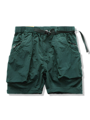 ジッパー付き大型ポケットショートパンツ、ストレートシルエット、調節ウエストバックル、軽量ポリエステル素材